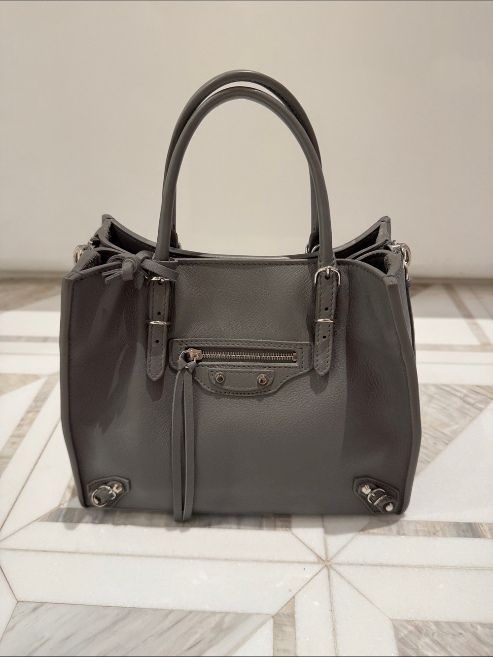 Gray Leather Top-Handle Tote Bag